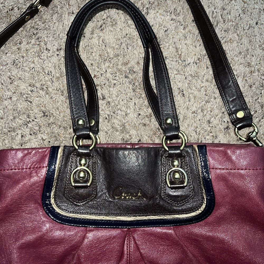 Vtg Coach Purse Magenta Red Choco Brown Gold‎ Leather Ashley Satchel Tote - Picture 3 of 15